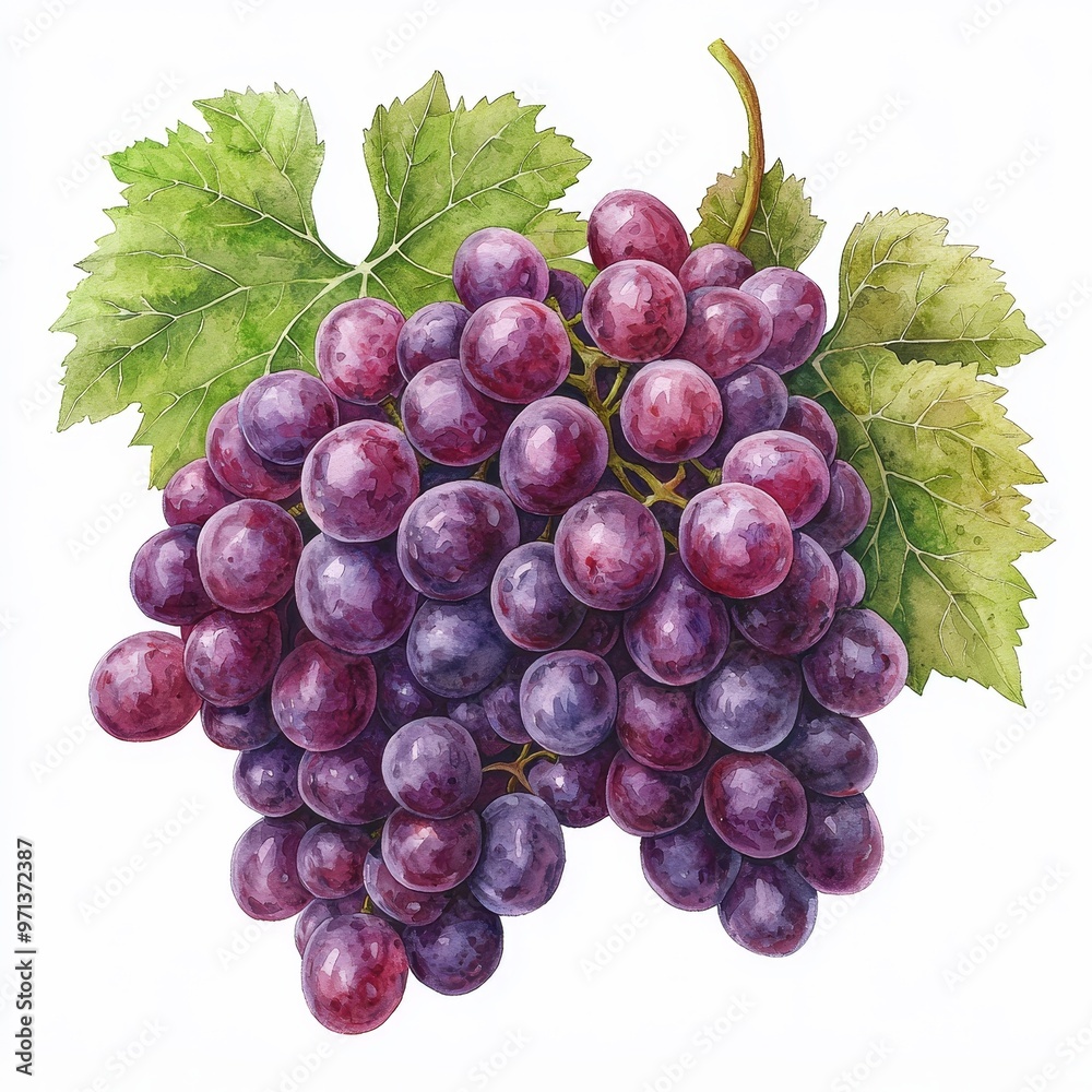 Fototapeta premium Vibrant Watercolor Painting of Grapes on White Background.