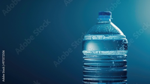 A bottle of water is sitting on a blue background. The bottle is full and has a blue cap