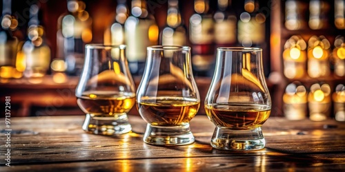 Close up of three Glencairn glasses filled with whiskey on a wooden bar counter with blurred bottles in the background photo