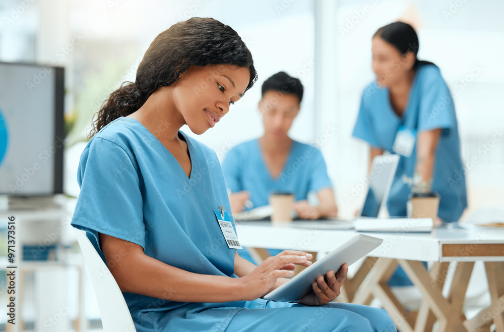 Woman, medical student and happy with tablet on teamwork and collaboration for research. People, internship program and smile or satisfied with results for group work or assignment at clinic Woman, medical student and happy with tablet on teamwork and collaboration for research. People, internship program and smile or satisfied with results for group work or assignment at clinic