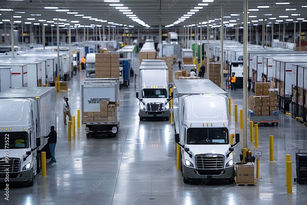Fototapeta premium Bustling distribution center with neatly parked trucks and organized loading bays during daytime operations