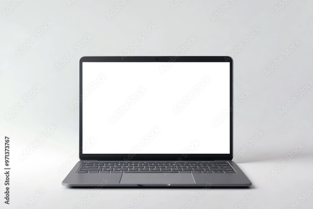 Modern laptop with slim design and blank screen on white background. Modern laptop with slim design and blank screen on white background.
