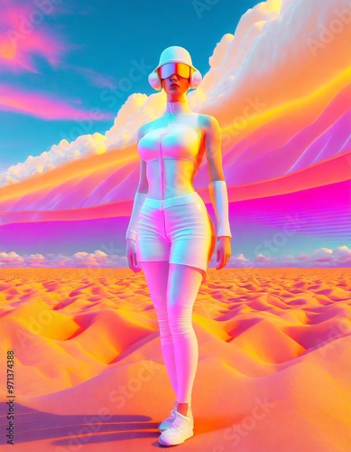 Lady with a retrofuturistic suit in the desert, 80s art