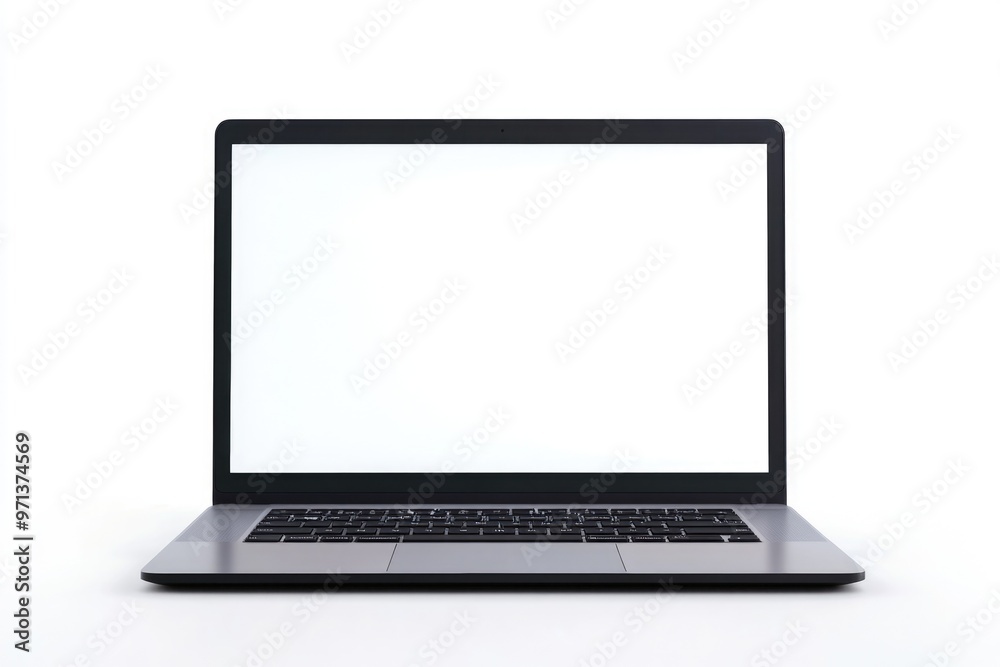Modern laptop with slim design and blank screen on white background. Modern laptop with slim design and blank screen on white background.
