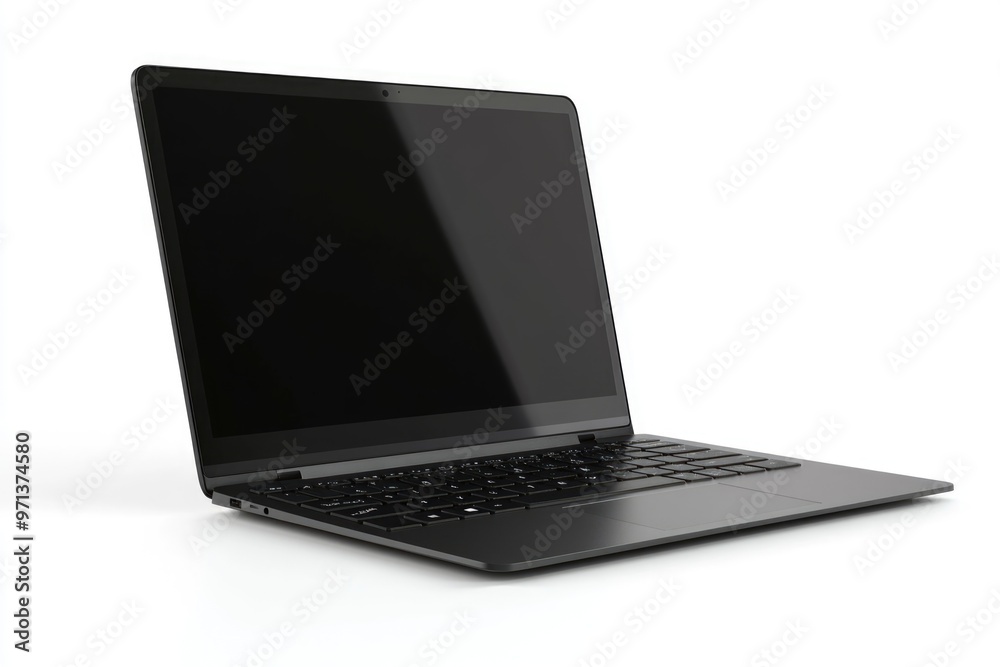 Flying laptop front view with blank screen isolated on white background Flying laptop front view with blank screen isolated on white background