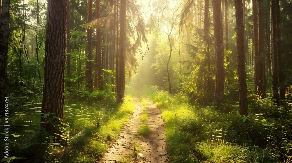Obraz premium Tranquil Forest Trail Bathed in Soft Sunlight and Nature's Serenity