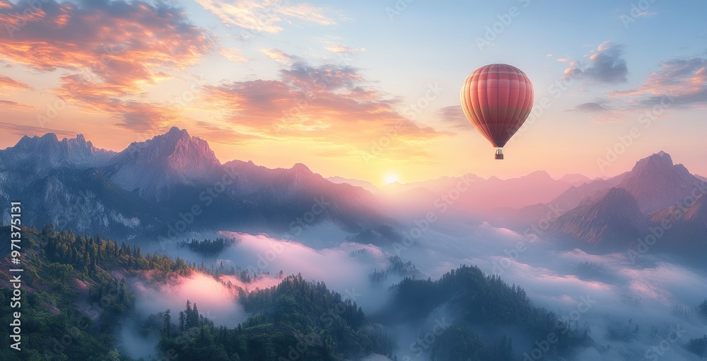 Hot Air Balloon Soaring Above Misty Mountains at Sunset