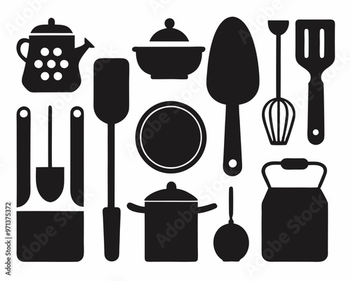 Kitchen utensils vector silhouette icons, set of kitchen utensils