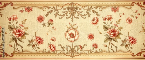 Ornate Floral Design with Red Flowers and Gold Trim