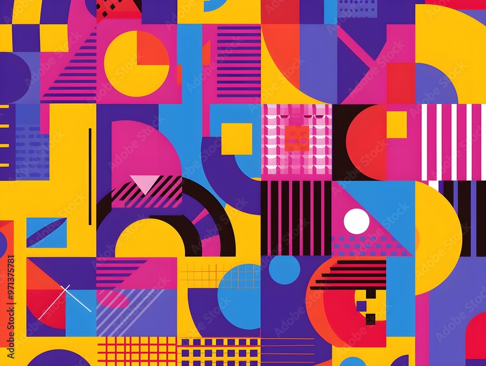 A vibrant and dynamic abstract artwork featuring a patchwork of colorful geometric shapes, including squares, circles, triangles, and lines. A vibrant and dynamic abstract artwork featuring a patchwork of colorful geometric shapes, including squares, circles, triangles, and lines.