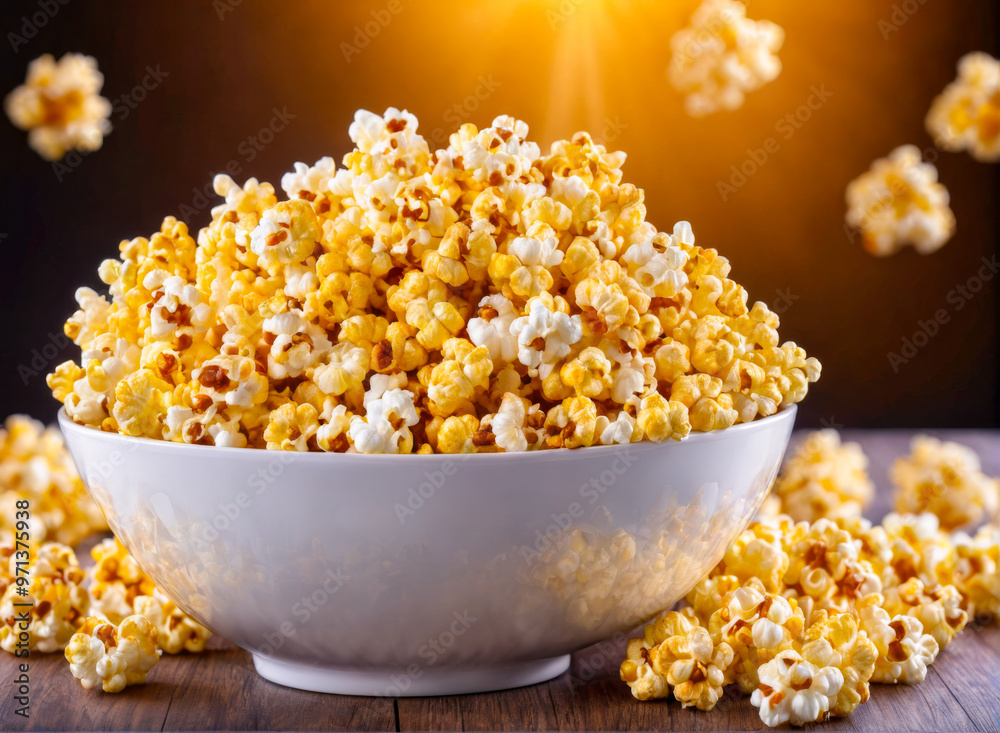 Popcorn in a Bowl with Flying Popcorn. Popcorn in a Bowl with Flying Popcorn.