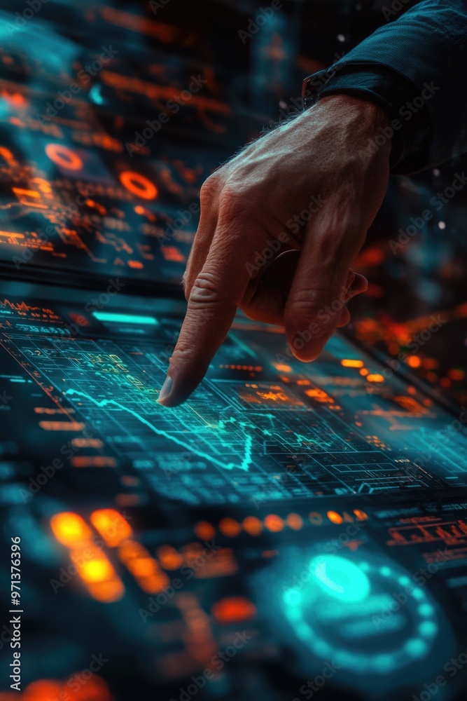 A hand pointing at a screen with a blue background and orange numbers. Concept of urgency and importance, as the hand is pointing to something that requires immediate attention A hand pointing at a screen with a blue background and orange numbers. Concept of urgency and importance, as the hand is pointing to something that requires immediate attention