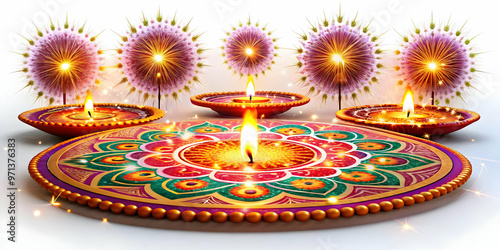 3D Glossy Background with Sparklers and Cultural Symbols - A Vibrant Scene of Lotus Flowers and Rangoli Designs Illuminated by Soft Ambient Light