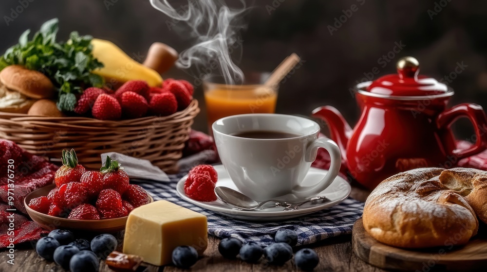 A table with a variety of food and a teapot A table with a variety of food and a teapot