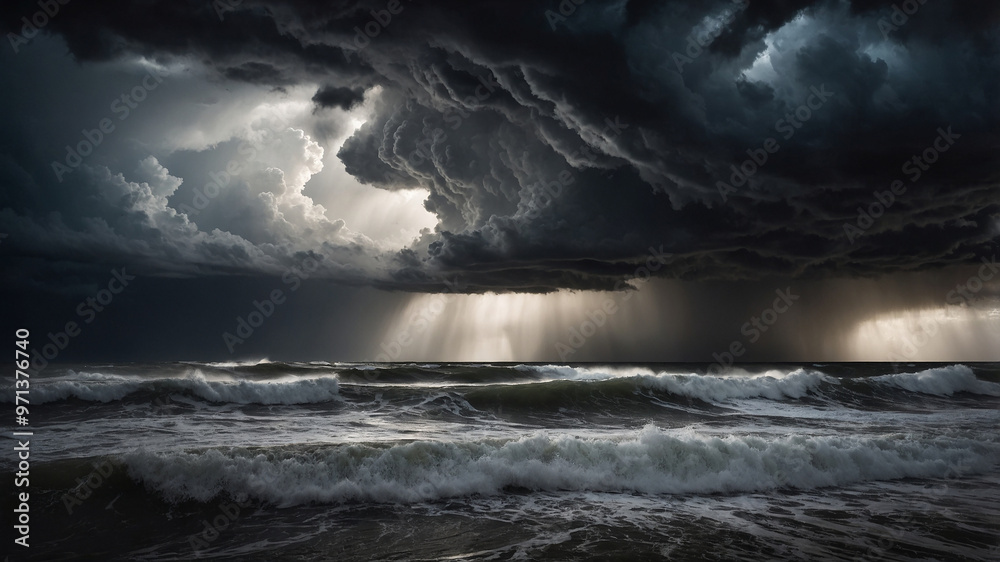 Fototapeta premium Dramatic ocean storm with dark clouds, waves crashing, and light breaking through, natures fury captured.