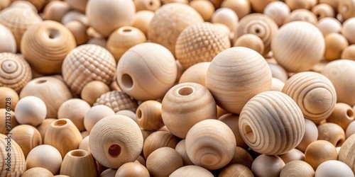 Unfinished natural wooden ball and round wood beads in various sizes. Measurement and craft supplies for DIY projects