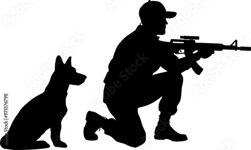 Vektor Körper Silhouette Design Element - Polizei - Schütze einer Spezialeinheit mit Maschinengewehr und Polizeihund - Sonderkommando im Einsatz - Profil