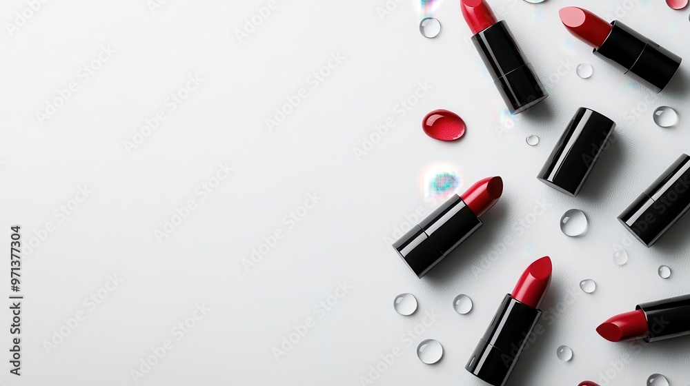 Flatlay of lipstick tubes and water drops on a glass surface, soft lighting, glossy finish, minimalist aesthetic, top view Flatlay of lipstick tubes and water drops on a glass surface, soft lighting, glossy finish, minimalist aesthetic, top view