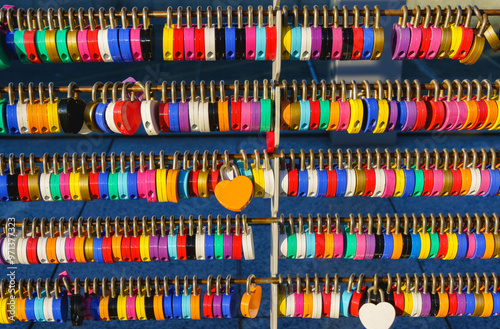 Plenty of colorful love padlocks (master key) hanging on the rails were locked along the wall at top of Umeda Sky Building. Sign of love and romantic affection as a landmark, symbolic love forever.