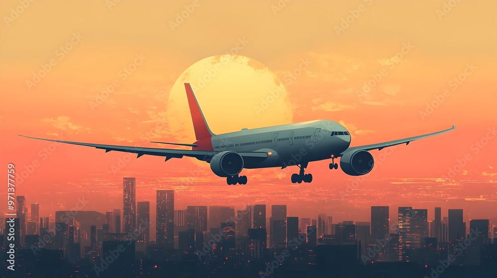 Futuristic Aerial View of Cityscape at Dramatic Sunset or Sunrise with Airliner in Flight Futuristic Aerial View of Cityscape at Dramatic Sunset or Sunrise with Airliner in Flight