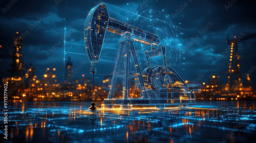 A computer generated image of a city with a large oil rig in the background A computer generated image of a city with a large oil rig in the background