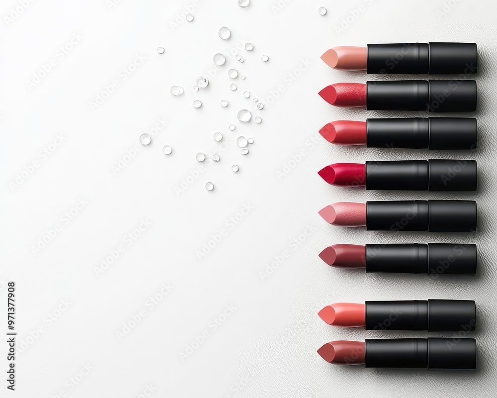 Lipsticks and water drops arranged in a circular pattern on a glossy white surface, minimalist and clean design, top view