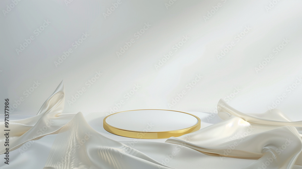 A gold colored round object sits on a white cloth. The cloth is draped over a surface, giving the impression of a stage or a platform. The gold object is the focal point of the image A gold colored round object sits on a white cloth. The cloth is draped over a surface, giving the impression of a stage or a platform. The gold object is the focal point of the image