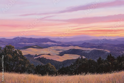 a painting of a sunset over a mountain range