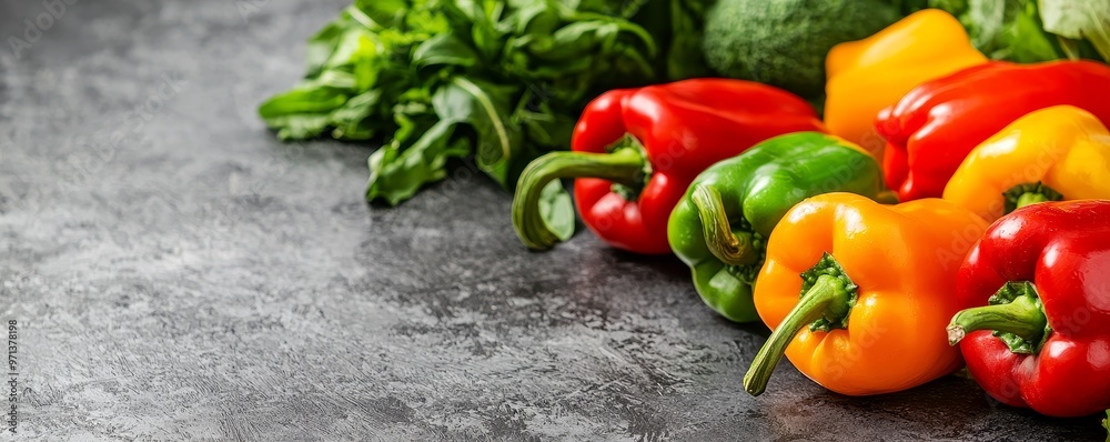Variety of colorful peppers arranged on a kitchen counter, organic, fresh vegetables Variety of colorful peppers arranged on a kitchen counter, organic, fresh vegetables