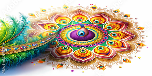 Vibrant Peacock Feather & Rangoli Border Frame with Ample Copy Space for Festive Messages - Culturally Rich Design for Celebrations