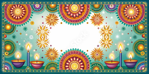 Vibrant Flat Rangoli and Sparkler Frame for Festive Celebrations - Intricate Patterns with Ample Copy Space in Bright Vector Design