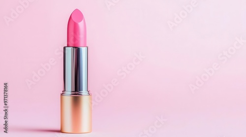 Hydrating lipstick with a glossy finish, standing upright with dewy surface, minimalist background, pastel tones