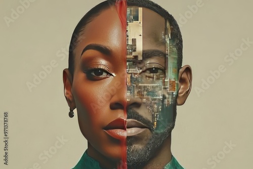 Human robot collaboration algorithmic learning neuroethics brain inspired algorithms and adaptive learning systems african woman with half digital face highlighting intersection of culture and ai photo