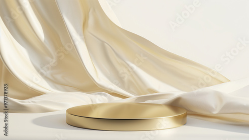 A gold colored round object sits on a white cloth. The cloth is draped over a surface, giving the impression of a stage or a platform. The gold object is the focal point of the image