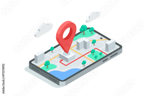 Isometric vector smartphone with map and location icon, in color on white background, route search by map or geodata