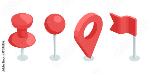 isometric vector set location icon and pin and flag , in color on white background, geolocation or destination