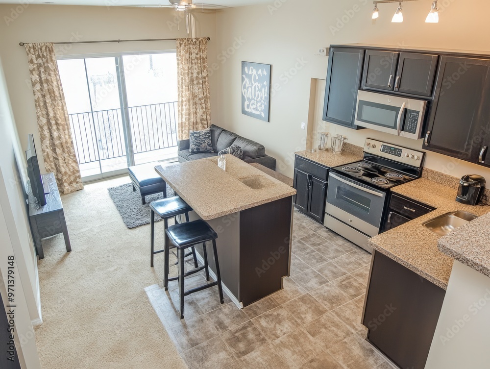 Fototapeta premium Modern Apartment Kitchen and Living Room Interior Design.