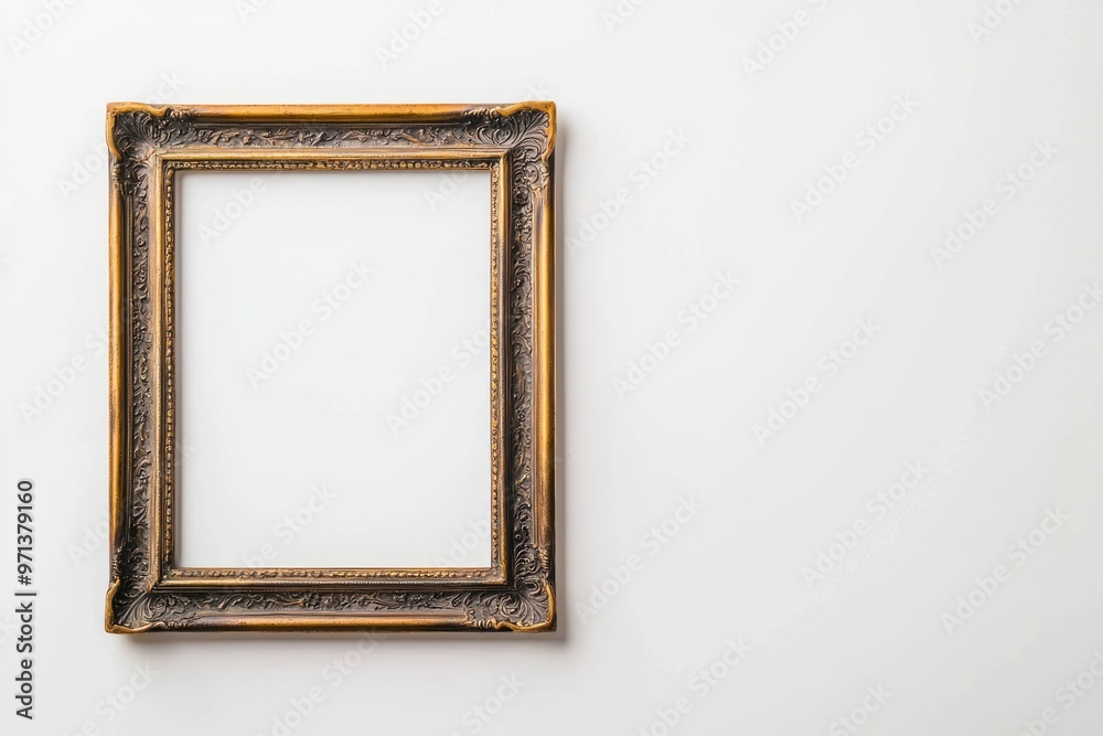 Antique brass frame with a detailed border and patina finish, isolated on white