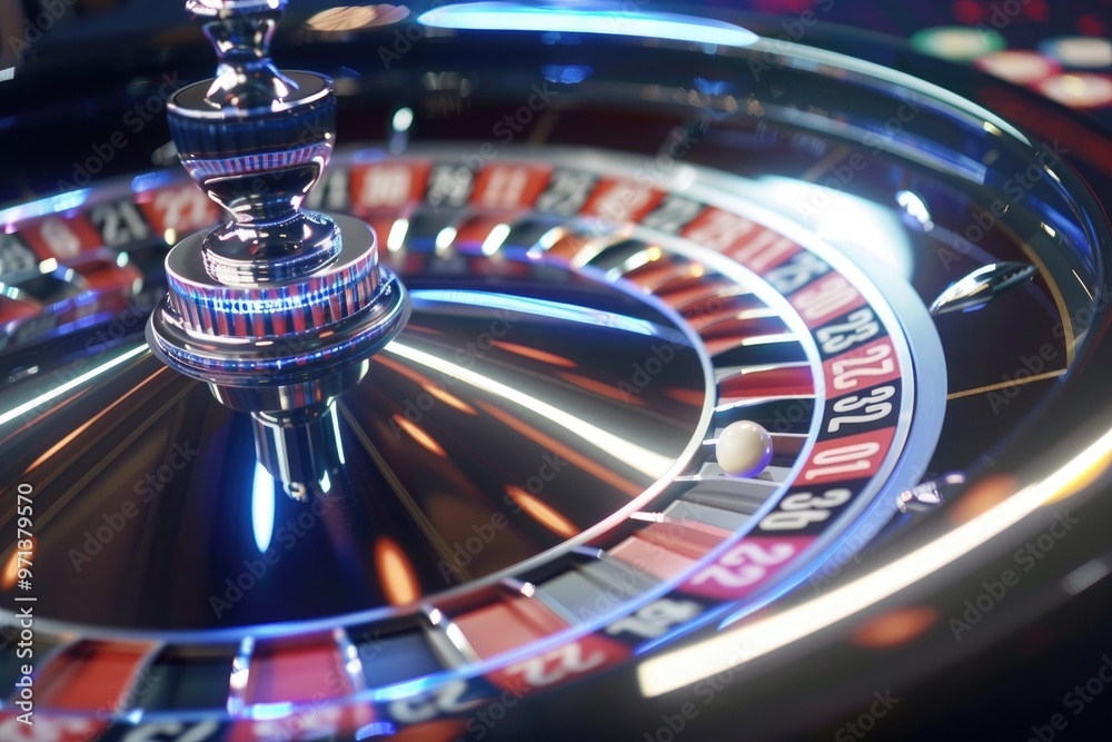 Close-up of a roulette wheel spinning with the ball in motion Close-up of a roulette wheel spinning with the ball in motion