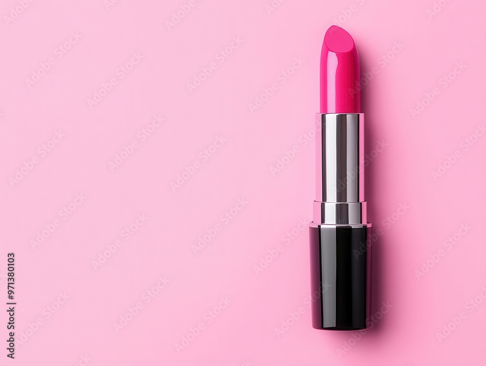 Hydrating lipstick standing upright with dewy gloss, water reflections, pastel pink background, clean design Hydrating lipstick standing upright with dewy gloss, water reflections, pastel pink background, clean design