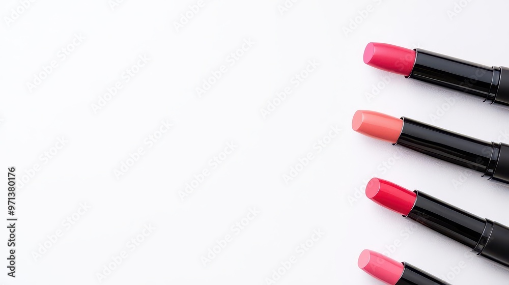 Flatlay of lipsticks with water reflections on a glossy white background, minimalist and hydrating concept, top view Flatlay of lipsticks with water reflections on a glossy white background, minimalist and hydrating concept, top view