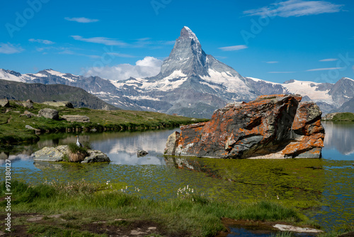 Beautiful Stellisee Lake with a Matterhorn reflection - Five Lakes Trail in Zermatt, Switzerland photo