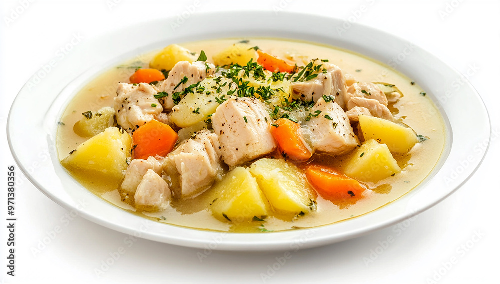 A plate of white soup with chicken, potatoes, and vegetables isolated on a transparent background for your design A plate of white soup with chicken, potatoes, and vegetables isolated on a transparent background for your design