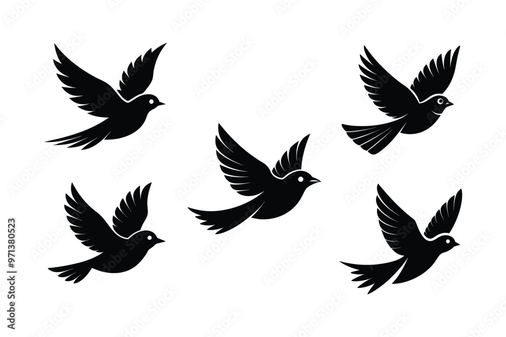 set of silhouettes of birds set of silhouettes of birds