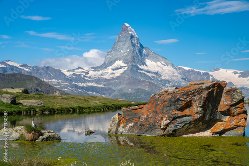 Beautiful Stellisee Lake with a Matterhorn reflection - Five Lakes Trail in Zermatt, Switzerland photo