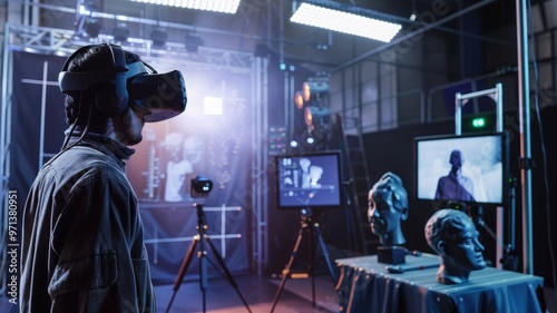 A VR artist in an advanced studio with an AI assistant as a digital sculpting tool providing real-time 3D modeling suggestions. Bright lighting enhances the experience. AIG60