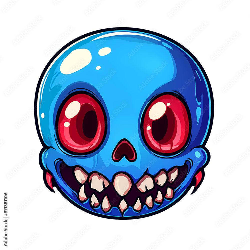 Bright Blue Cartoon Skull Design With Oversized Red Eyes Showcasing Playful Horror Elements Bright Blue Cartoon Skull Design With Oversized Red Eyes Showcasing Playful Horror Elements