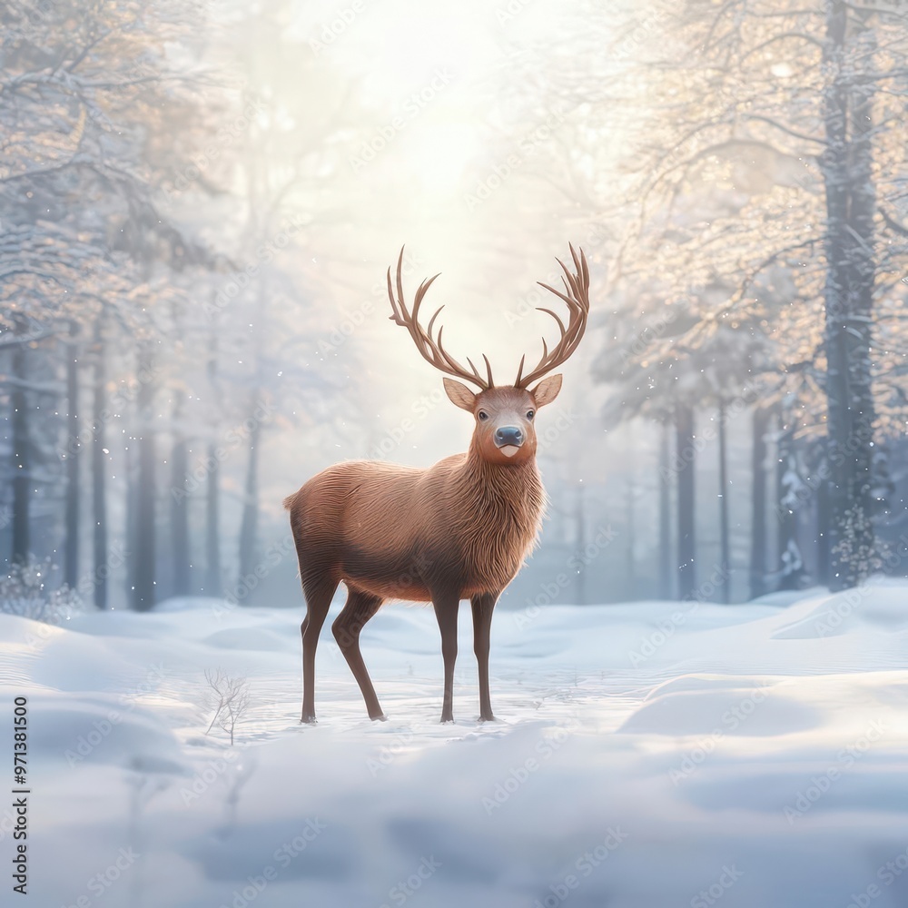 Reindeer, standing in a snowy forest, 3D illustration, copy space for text, Reindeer, standing in a snowy forest, 3D illustration, copy space for text,