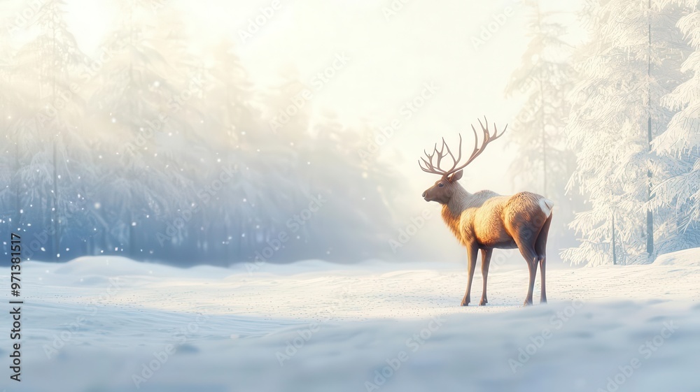 Reindeer, standing in a snowy forest, 3D illustration, copy space for text, Reindeer, standing in a snowy forest, 3D illustration, copy space for text,