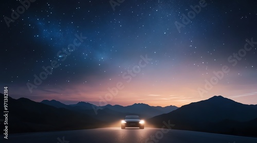 A car with headlights on travels under a stunning starry night sky with mountains in the background, illustrating a serene nocturnal journey. photo